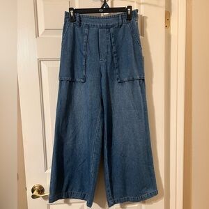 H/G Junior’s Wide Leg Cropped Pull On Lightweight Blue Denim Pants Size Medium